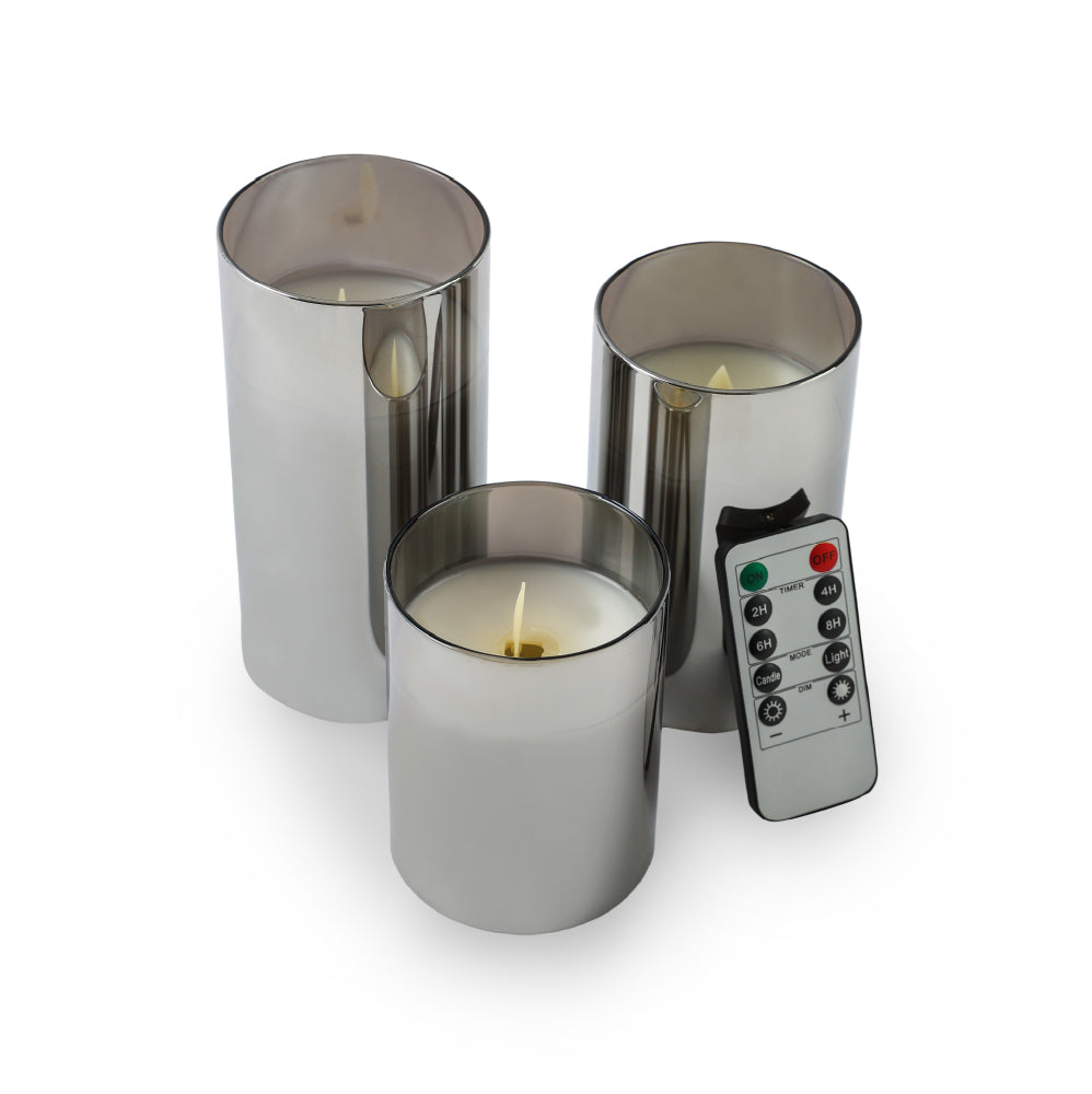 7.6 X 7.6 X 15.2cm S-3 Real Flame-Effect LED Wax Candles Light With Remote Timer,Smoke L:D3X6 M:D3X5 S:D3X4