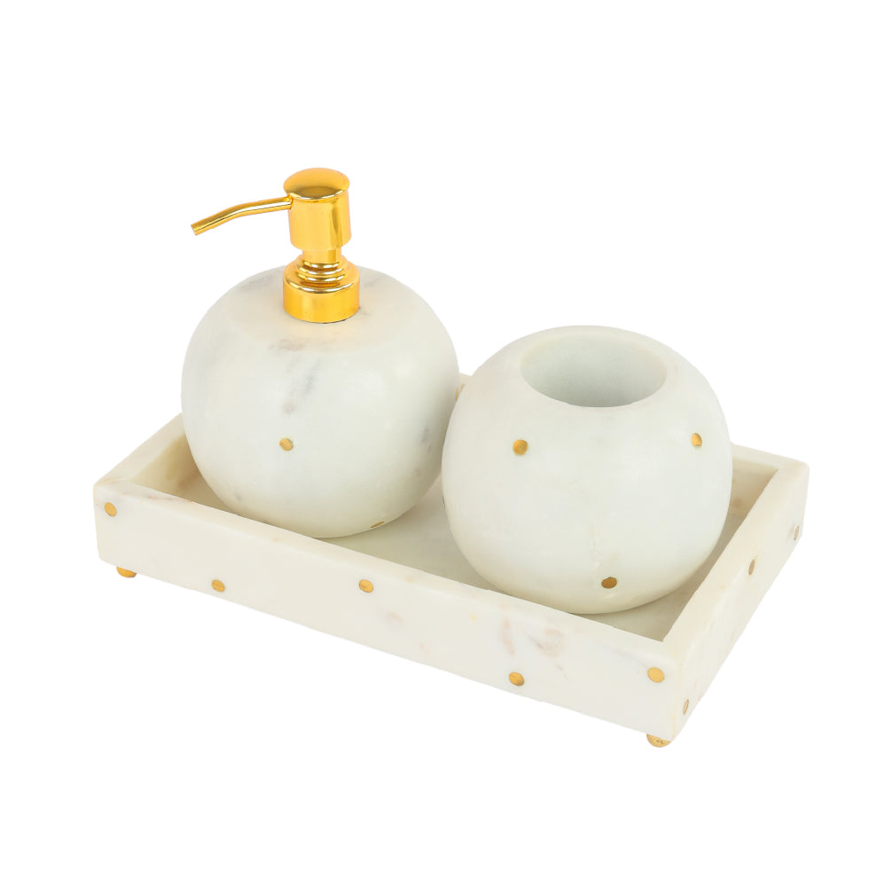 11.4 X 11.4 X 15cm  S/3 Marble Bath Set Dispenser:D4.5X6 Cup:D4.5X3.5 Tray:10X6X2